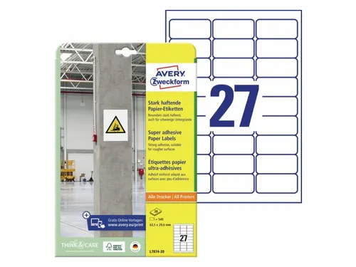 Avery Zweckform L7874 Sterk klevende etiketten A4 63,5x29,6mm 540 stuk