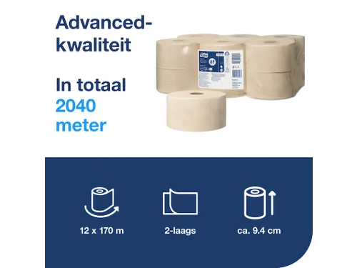 Toiletpapier Tork T2 Advanced jumbo klein 2-laags 170m naturel 120377
