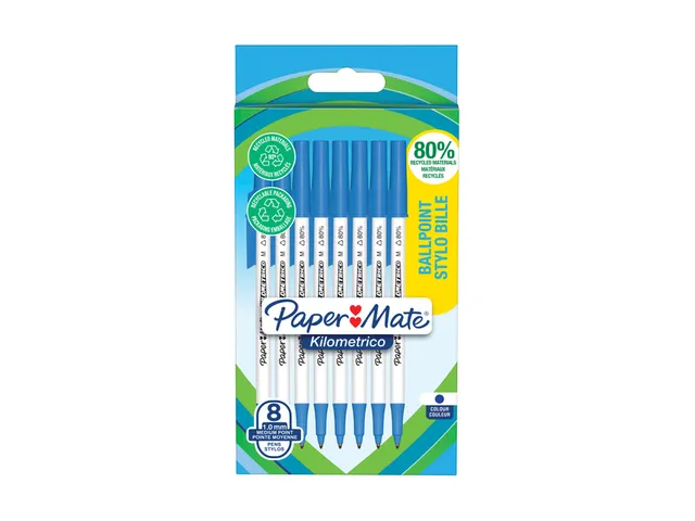 Balpen Paper Mate Kilometrico Recycled medium blauw blister à 8 stuks