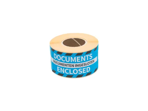 Gevaaretiket 46x125mm rol 250 stuks Documents enclosed EN/NL blauw