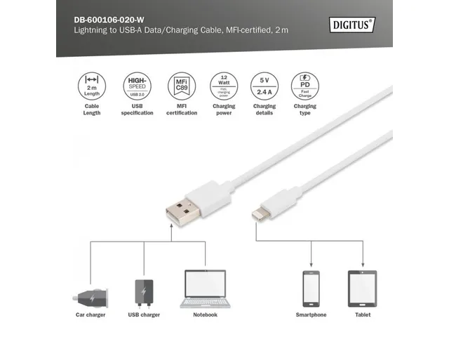 USB-A naar lightning MFI C89 2M data- en oplaadkabel wit 5V 2,4A