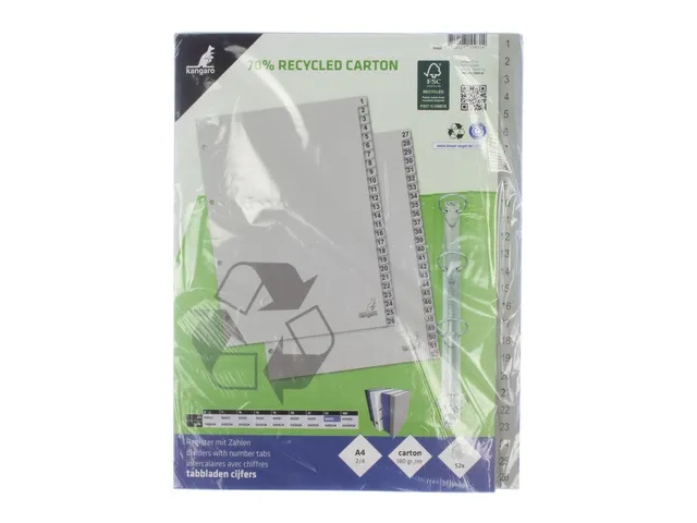 Tabblad ECO Kangaro A4 cijfers 180 grams grijs karton 4-gaats 52-delig