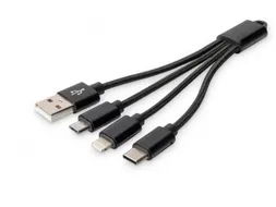 USB-oplaadkabel 0,15m 3-in-1 Kabel Nylon Gevlochten Zwart