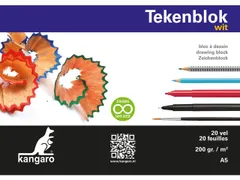 Tekenblok Kangaro A5 200 grams 20 vel, wit zuurvrij, 1 zijdig gelijmd
