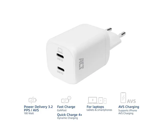 Oplader ACT USB-C 100W 2-poorts PD, PPS, AVS, QC, Ganfast