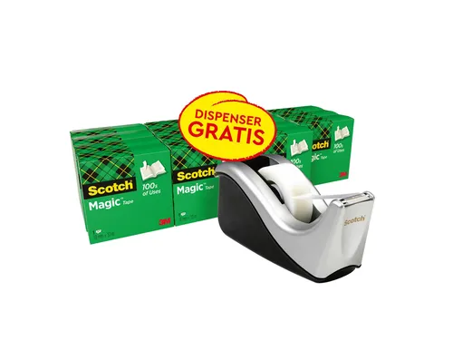 Plakband Scotch Magic 819 19mmx33m mat + plakbandhouder zilver 16 rol