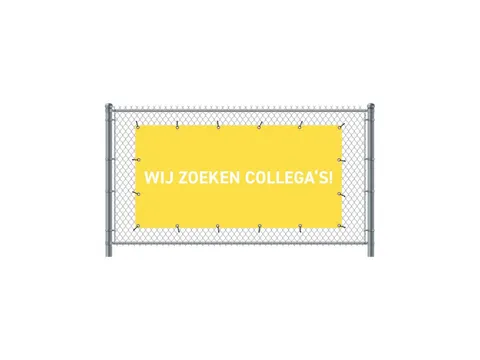 Hekwerkbanner 200x100 cm Geel met Print Wij zoeken collega's