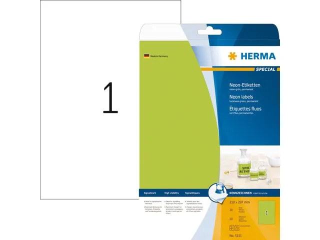 HERMA 5151 Gekleurde etiketten A4 210x297mm Neon Groen 20 stuks