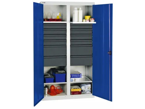 Materiaalkast 1800x1000x500mm 4legborden Uitschuifbaar 12laden Ral5010