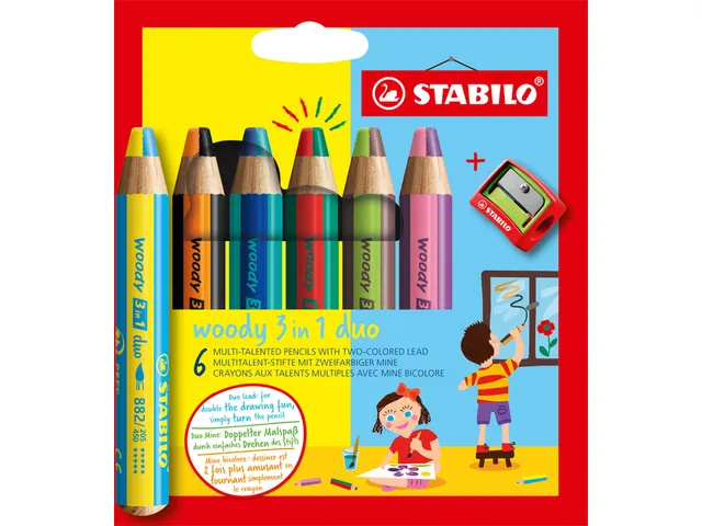 Crayon STABILO 882 Woody 3-en-1 Duo étui 6 pièces + taille-crayon