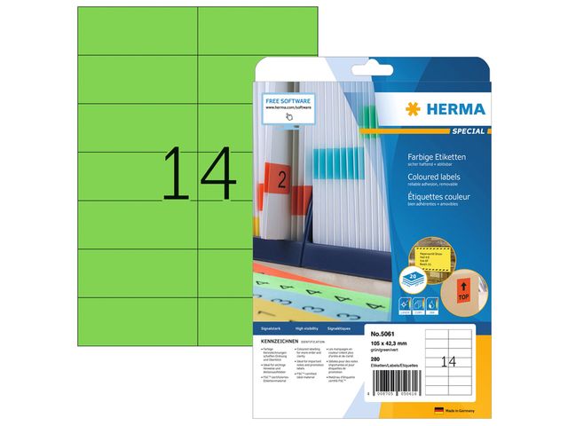 Etiket Herma 5061 A4 105x42.3mm Verwijderbaar Groen 280 Stuks | HermaLabels.be