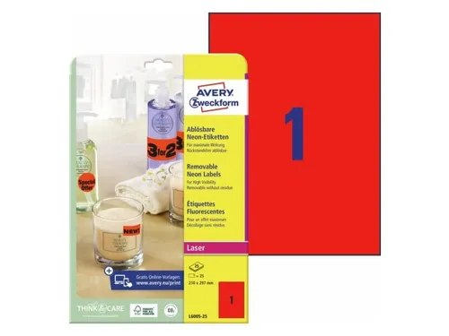 laseretiket Avery 210x297mm 25 vel A4 1 etiket per vel neonrood