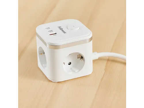 Stekkerblok Fellowes Power Cube F 3-voudig 1xUSB A 2xUSB C 2m wit