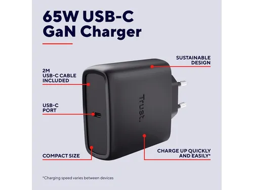 Oplader met kabel Trust Maxo 65W USB-C GaN zwart
