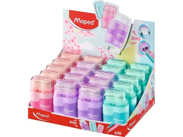 Puntenslijper Maped Connect 2-gaats met gum display à 20 stuks pastel