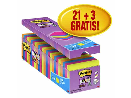 Memoblok 3M Post-it 654 Super Sticky 76x76mm 21+3 gratis assorti