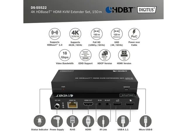 DIGITUS 4K HDBaseT HDMI KVM Extender Set 150 meter