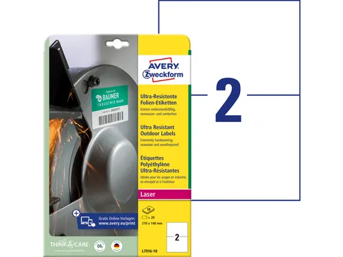 Etiket Avery Zweckform L7916-10 210x148mm polyethyleen wit 20 stuks