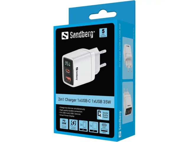 Sandberg 2in1 Charger 1xUSB-C 1x USB 35W Wit met display