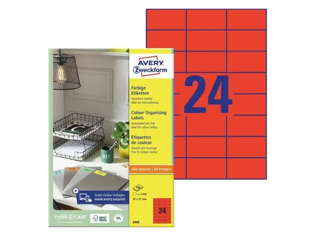 Gekleurd Etiket Avery Zweckform 70x37mm Rood 2400 stuks