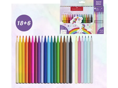Viltstiften Faber-Castell Unicorn 18x standaard kleuren + 6x pastel kl