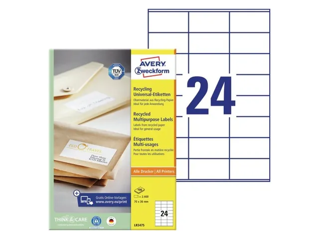Etiket Avery Zweckform LR3475 70x36mm recycled Wit 2400 stuks