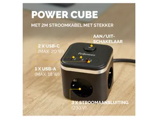 Stekkerblok Fellowes Power Cube F 3-voudig 1xUSB-A 2xUSB-C 2m zwart - 5
