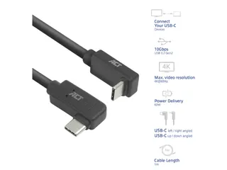 Kabel ACT USB-C hoek links/rechts USB-C hoek boven/beneden 10Gbps 1m - 2