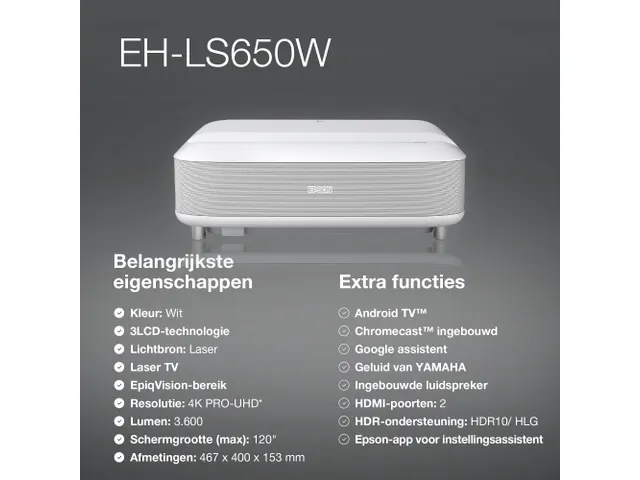 EH-LS650W 4K PRO-UHD smart laserprojector, 3600 lumen, scherm van maxi