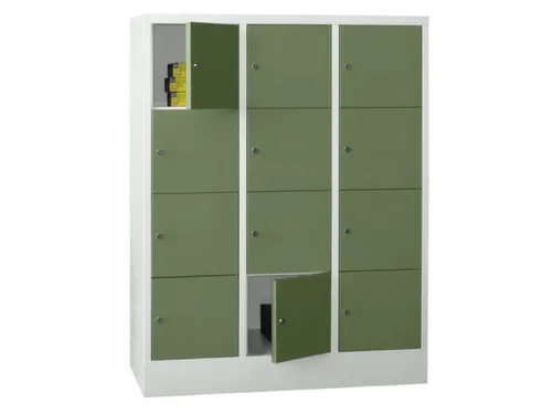 lockerkast,HxBxD 1518x1200x500mm,3x4vakken,RAL7035,front RAL6011
