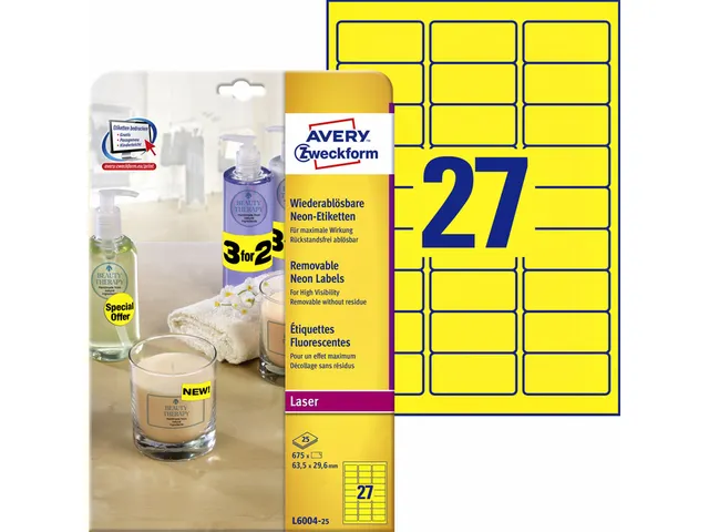 Gekleurde Etiketten Avery Zweckform 63,5x29,6mm Neon Geel 675 stuks