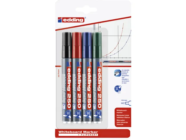 Viltstift edding 250 whiteboard rond 1.5-3mm blister 4 stuks assorti