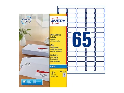 Etiket Avery J8651-25 38.1x21.2mm Inkjet wit 1625 stuks