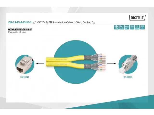 CAT 7A S-FTP installatiekabel 1500 MHz Dca AWG 22/1 100m ring Dx geel