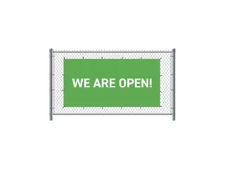 Hekwerkbanner 200x100 cm Groen met Engelse Print We Are Open - 1