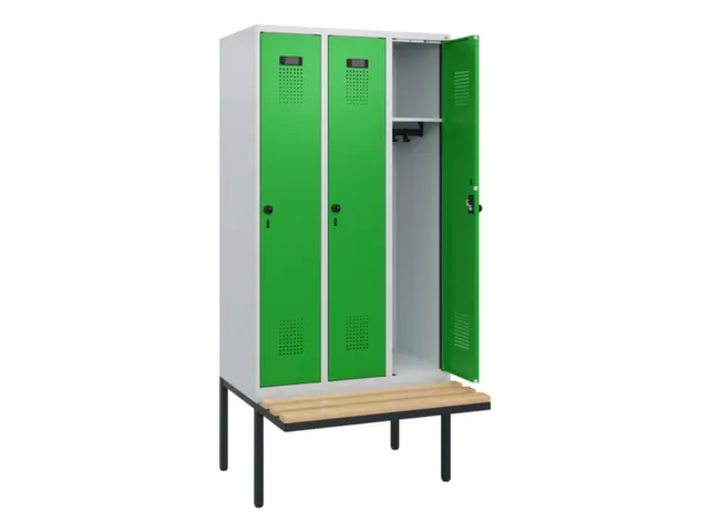 locker met bank,HxBxD 1950x900x815mm,3vak,vak B 300mm,draaigrendel
