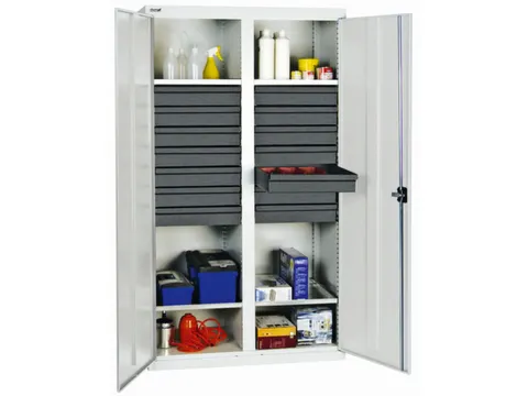 Materiaalkast 1800x1000x500mm 4legborden Uitschuifbaar 14laden Ral7035