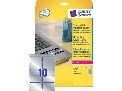 Etiket Avery Zweckform L6012-20 96x50.8mm Zilver 200 stuks