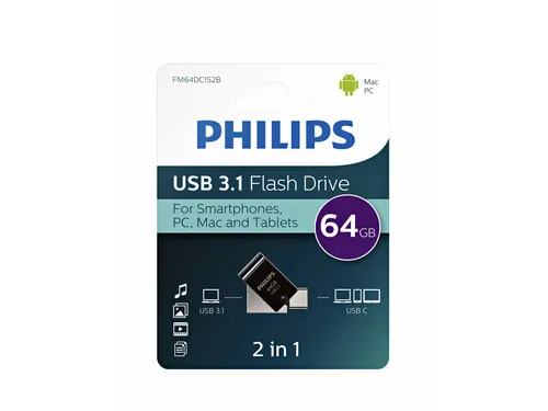 USB stick 3.1 Philips 2in1 USB-C USB-A 64GB zwart