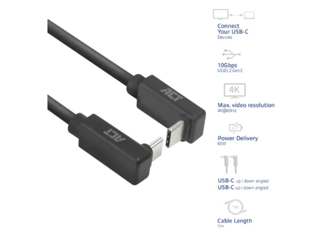 Kabel ACT USB-C hoek boven/beneden 10Gbps 1m