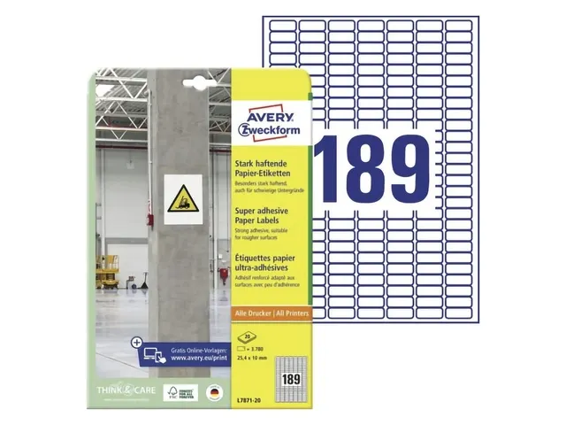 Etiket Avery zelfklevend 25,4x10mm wit permanent 20 vel 189 etiketten