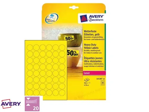 laseretiket Avery rond 30mm geel 20 vel 48 etiketten per vel