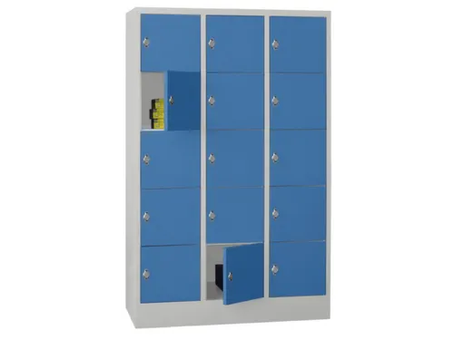lockerkast,HxBxD 1850x1200x500mm,3x5vakken,RAL7035,front RAL5012
