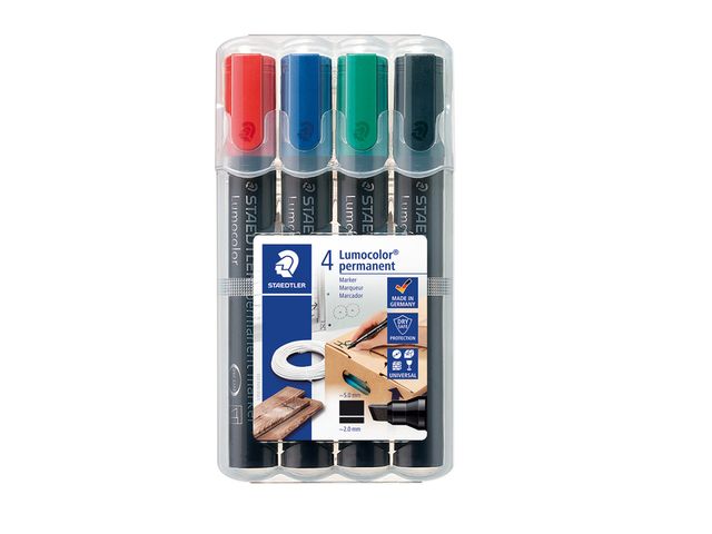 Viltstift Lumocolor 350 permanent beitelpunt set à 4 stuks assorti | ViltstiftenShop.nl