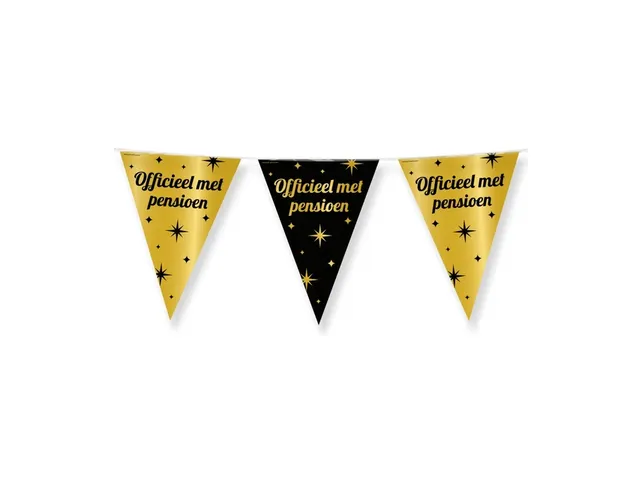Slinger Folie vlaggen Party Flag Foil 'Pensioen' Goud-Zwart 30cmx10m