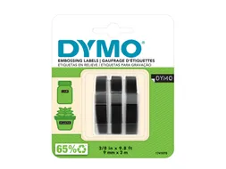 Reliëftape Dymo embossing plastic 9mm zwart op wit 3 stuks