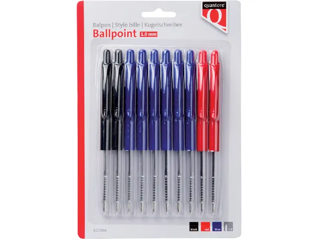 Balpen Quantore Drukknop assorti medium, Blister 10 stuks