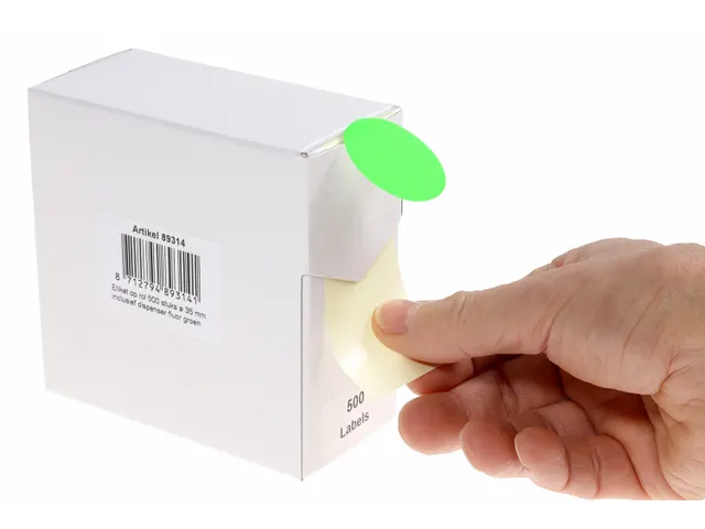 Etiquette sur rouleau 35mm vert fluo + dévidoir 500 pièces