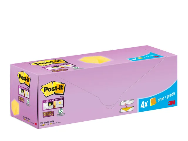 Memoblok 3M Post-it 654-SSCY Super Sticky 76x76mm geel voordeelpak