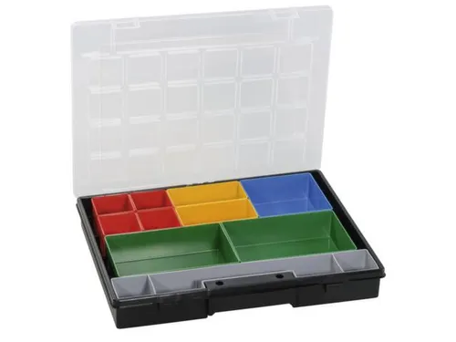 Bak voor kleine onderdelen,HxBxD 55x370x295mm,9bakken,PP,koffer zwart